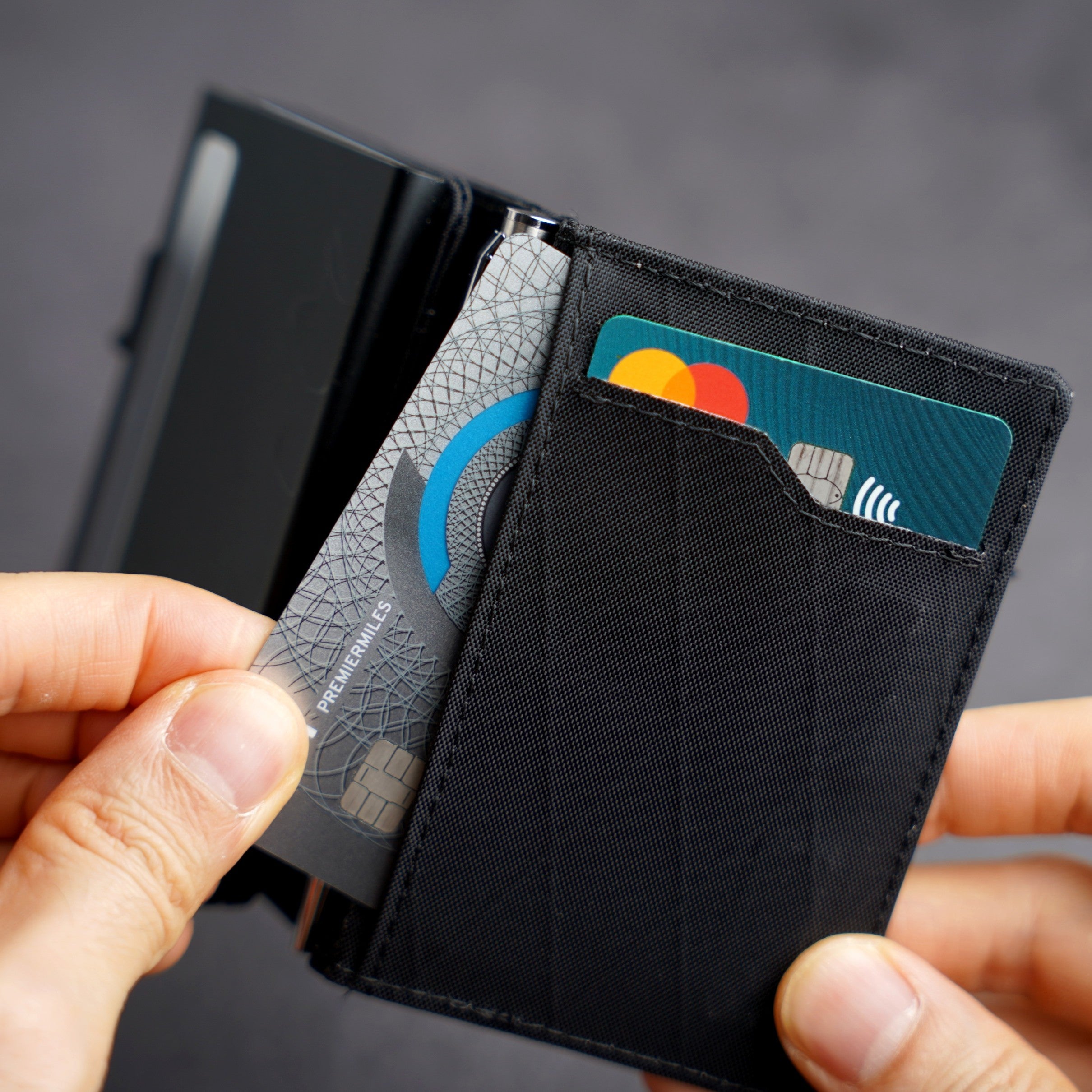 Open view of ADD1D Explorer Wallet showing internal credit card slots and folded cash compartment