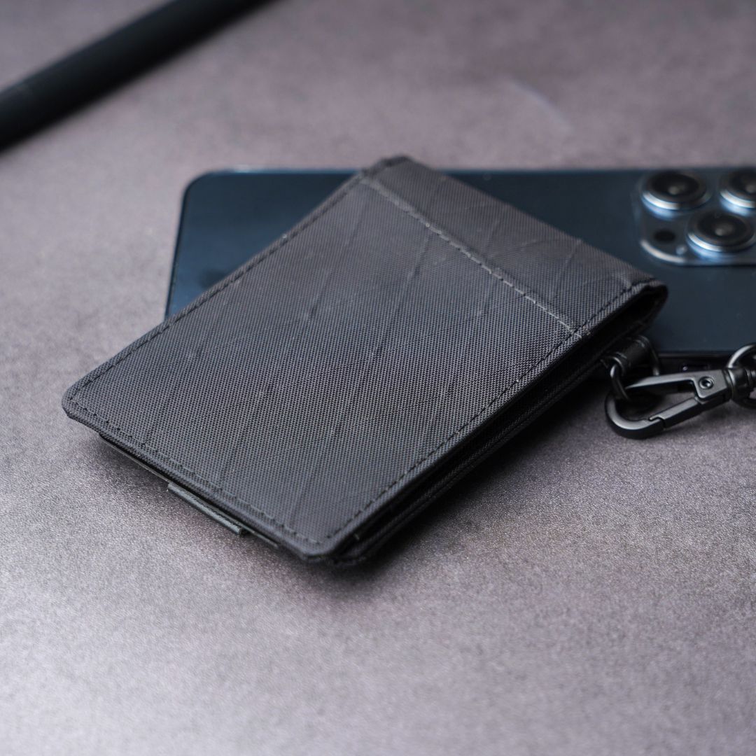 Close-up detail of durable weather-resistant fabric and reinforced stitching on ADD1D Bi-Fold Cardholder
