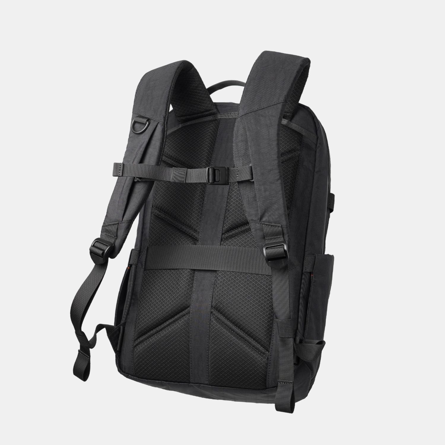 Rear view of ADD1D D2D Essential Backpack featuring breathable mesh back panel and luggage handle pass-through