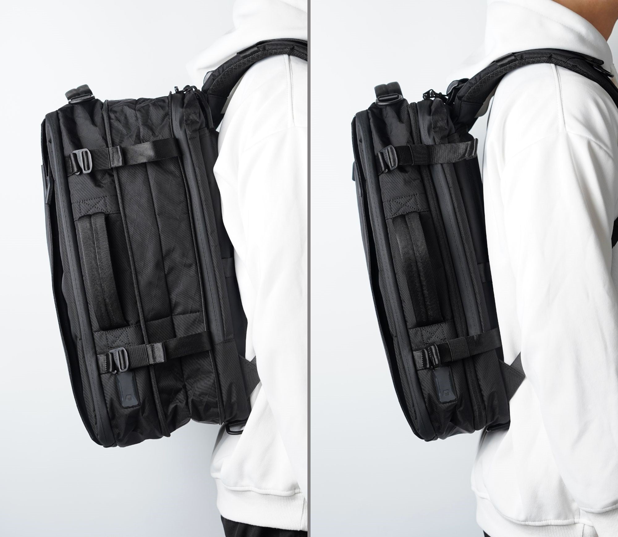 Side profile showing the expanded 33L travel capacity feature on the ADD1D Explorer Pack