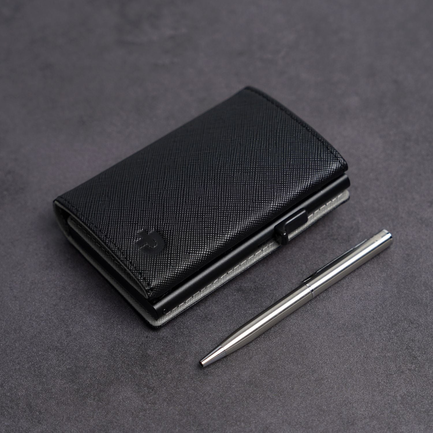 ADD1D Explorer Wallet Saffiano Leather Edition compact RFID-blocking zipper wallet in black