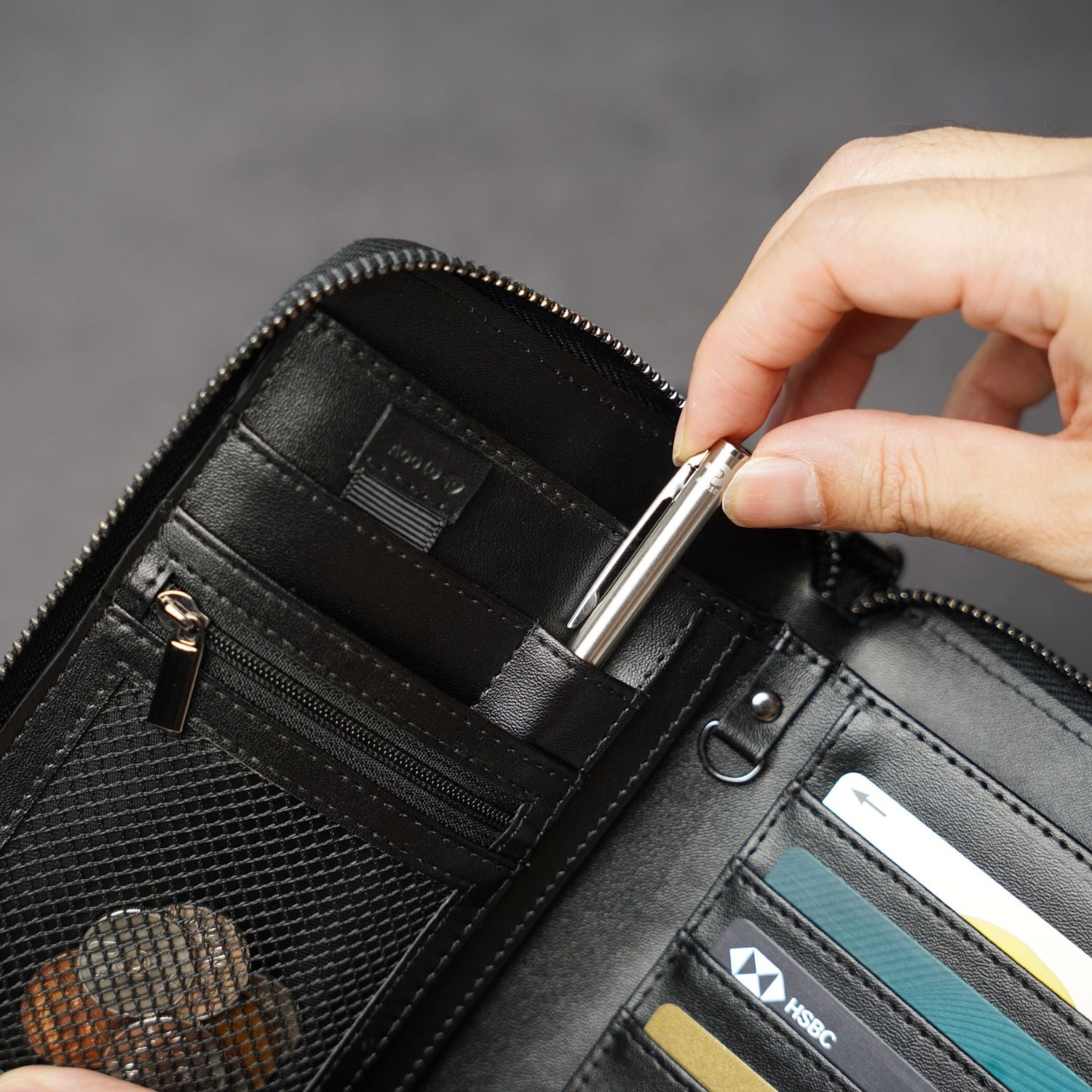 Integrated micro travel pen loop and RFID pull-out card slot on ADD1D Explorer Wallet T