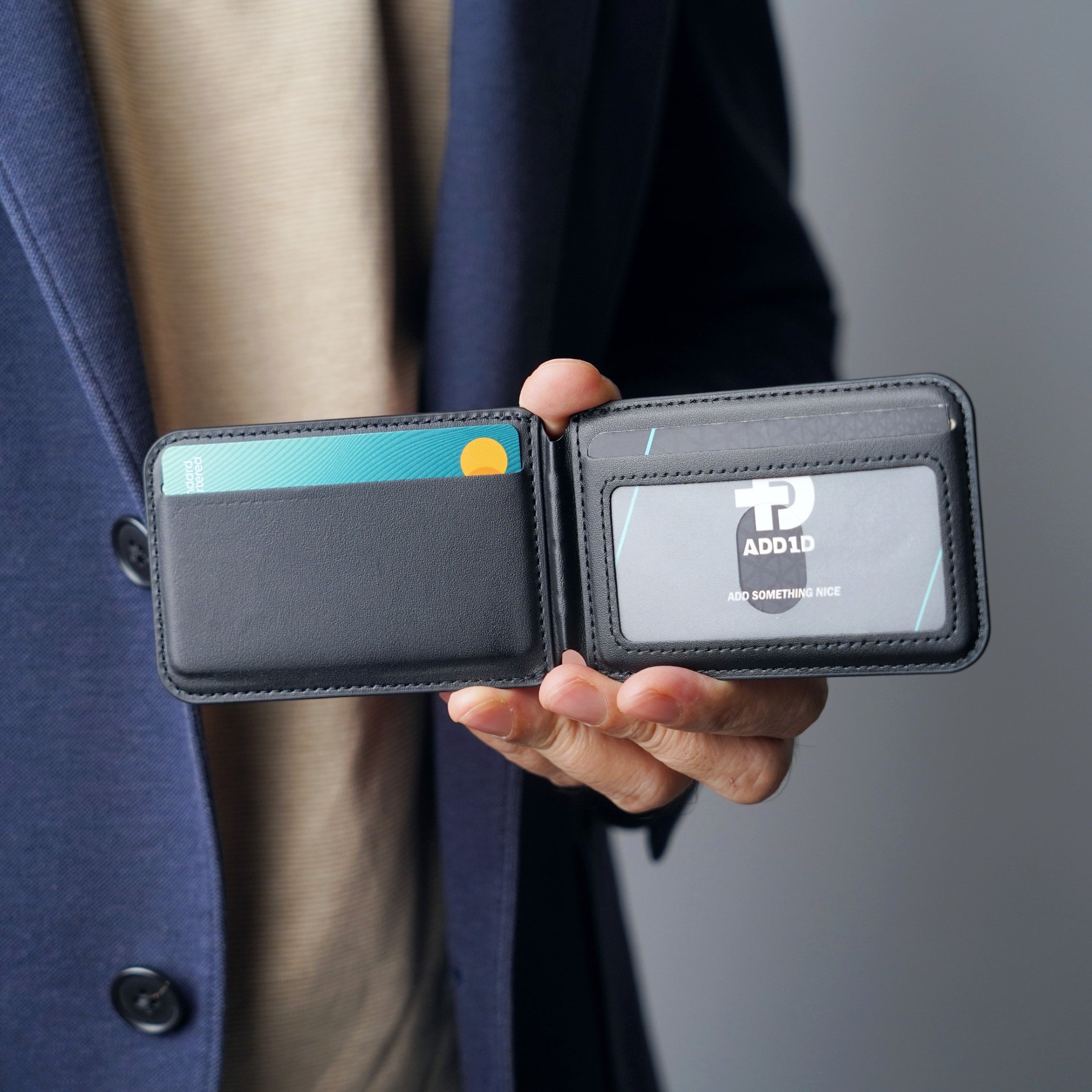 ADD1D Phone Stand Wallet open displaying credit card slots and easy thumb slide-out feature