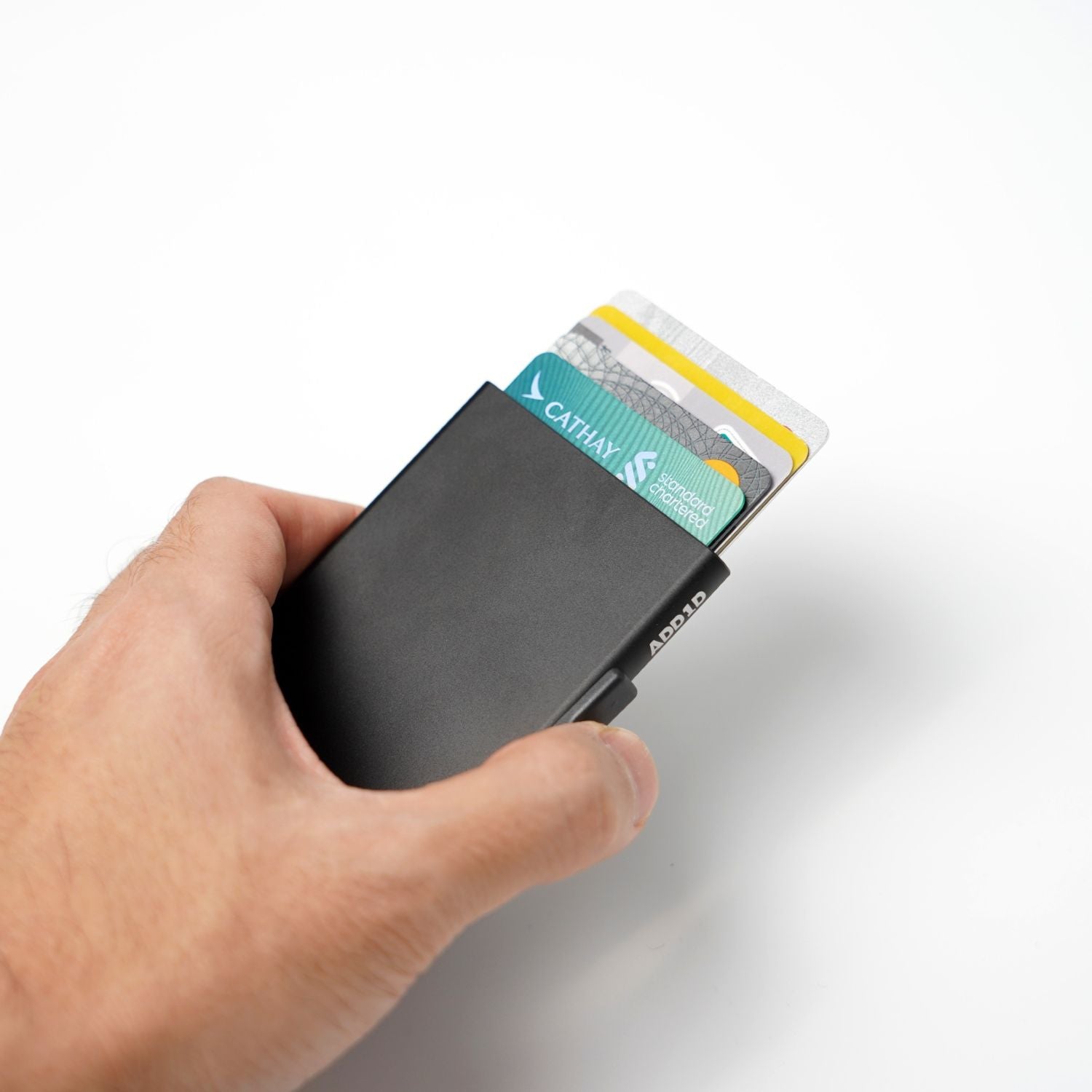 ADD1D Pop-Up Cardholder bottom trigger slider deploying cascading credit cards