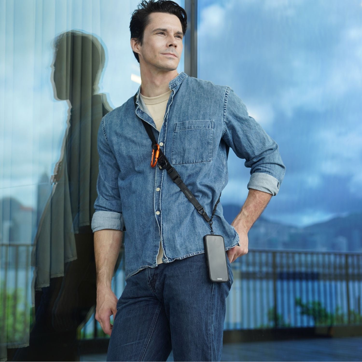 Model wearing the ADD1D Utility Strap as a lightweight EDC shoulder crossbody strap