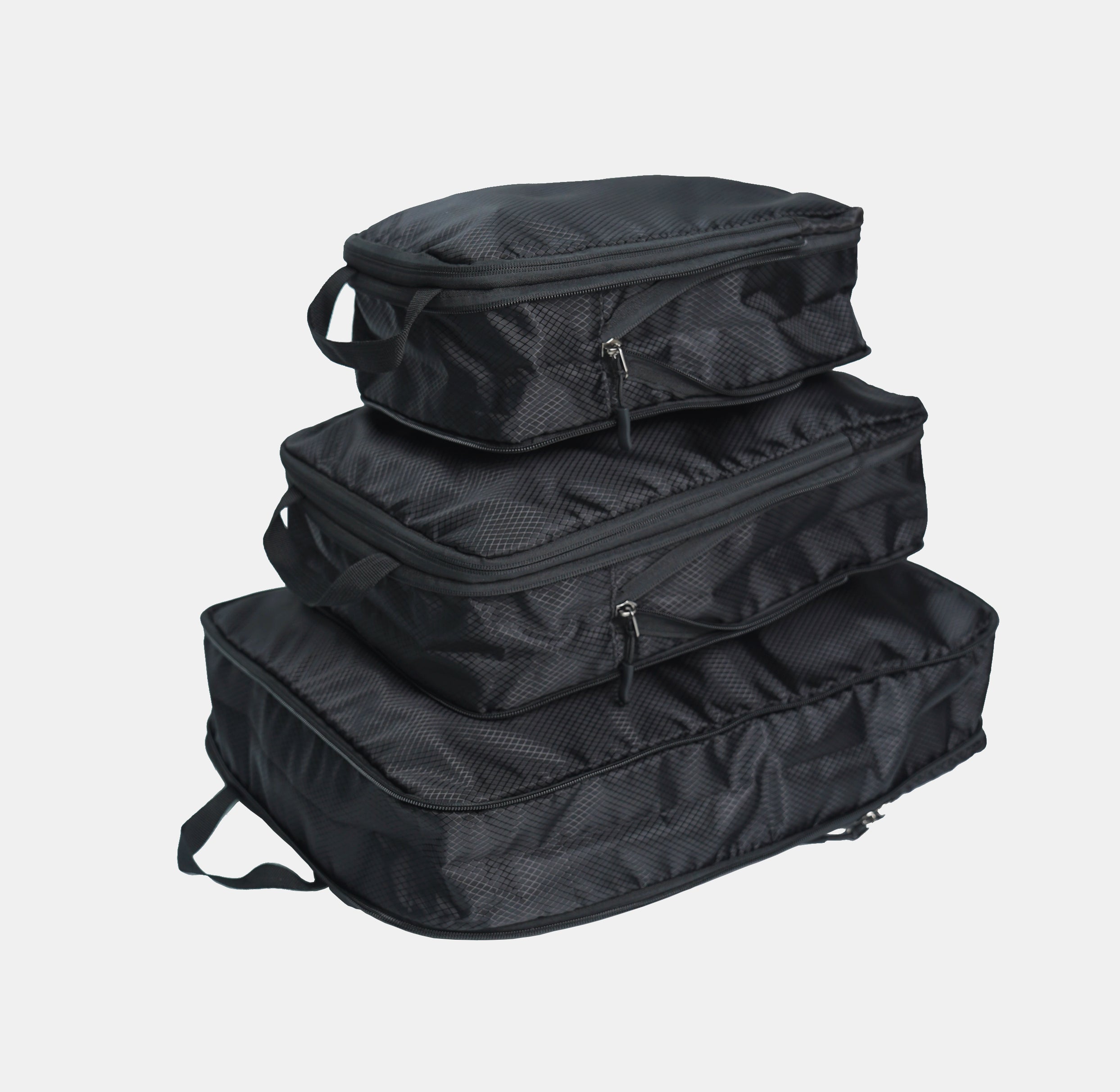 Close-up of ADD1D compression packing cube double-zipper mechanism expanding and compressing clothes